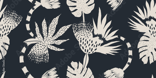 Hand drawn tropical abstract organic shapes pattern. Collage contemporary print. Fashionable template for design. Modern ethnic style.
