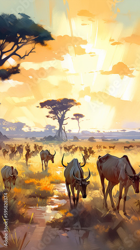 Watercolor painting that shows a herd of antelopes walking in front of the sunset across the savannah - ai generative