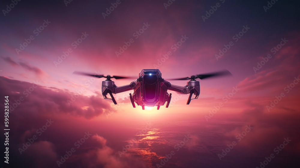 Drone flies in clouds amid sunset created with generative AI technology Drone flies in clouds amid sunset created with generative AI technology