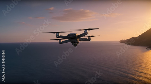 Drone flies in clouds amid sunset created with generative AI technology