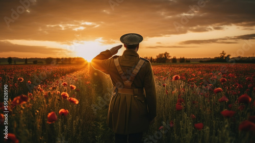Soldier salutes standing in poppy field during sunset. Remembrance Day created with generative AI technology photo