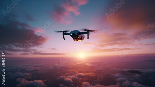 Drone flies in clouds amid sunset created with generative AI technology