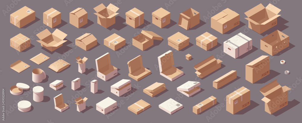 Obraz premium Big isometric carton box set. Different types of cardboard boxes. Box for goods, delivery and gifts. Vector illustration