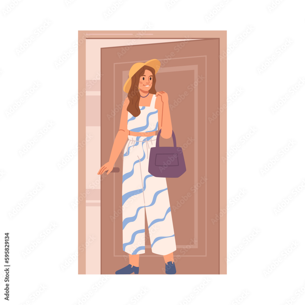 Female character opening or closing doors behind, entering or exiting room or building. Woman