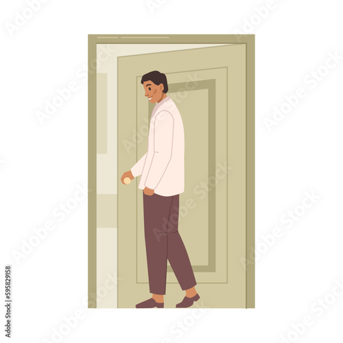 Male character holding handle and opening doors, entering apartment or building. Man walking in and pushing doors. Vector in flat cartoon illustration