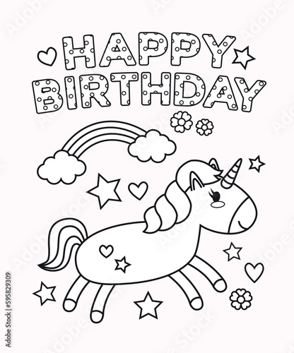 Happy Birthday Coloring Page  Colorful and Fun Artwork Design  Vector Graphics for Birthday Parties  Can Be Used as a Fun Activity for Preschool Education  Family Activity at Home or T Shirt Design