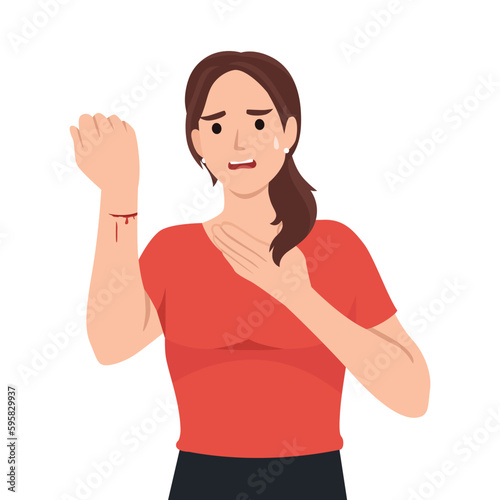woman got panic because her hand bleed from kitchen knife cut in flat design. Wound on palm or arm