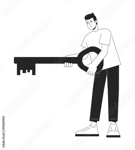 Beginner startupper holding key to business flat line black white vector character. Editable isolated outline full body person. Simple cartoon style spot illustration for web graphic design, animation