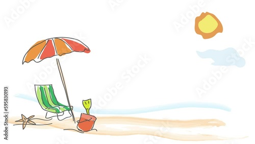 Hello summer on the beach, childish drawing handmade. Animated illustration with copy space