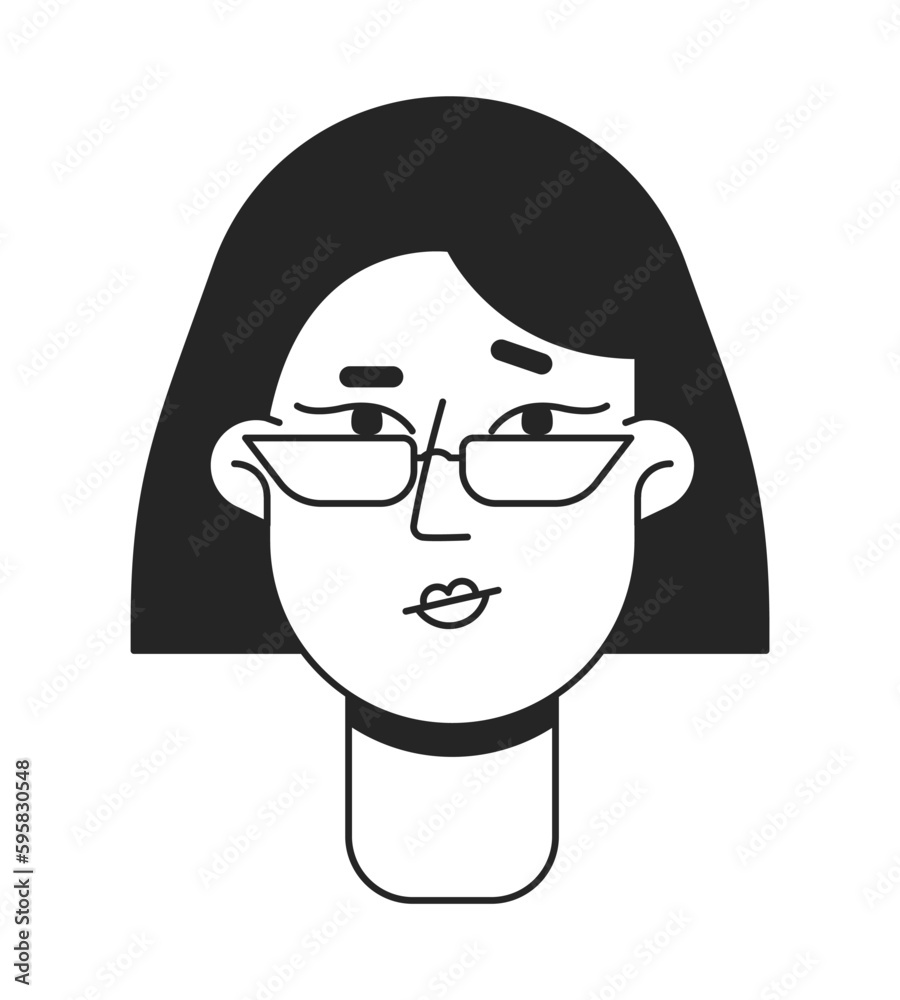 Hesitant woman with eyeglasses flat line monochromatic vector character ...