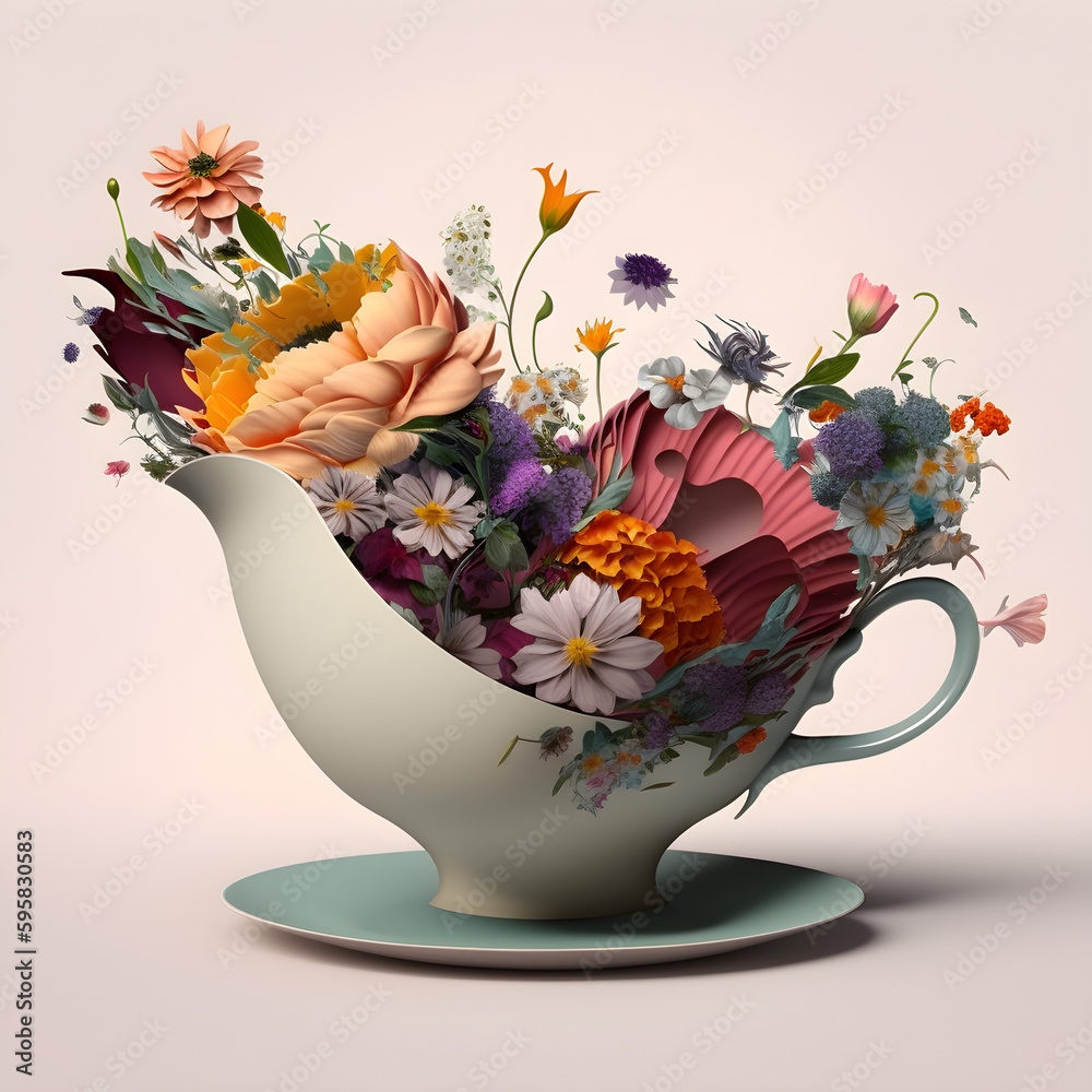 Generative AI A giant tea cup overflowing with flowers, in the style of
