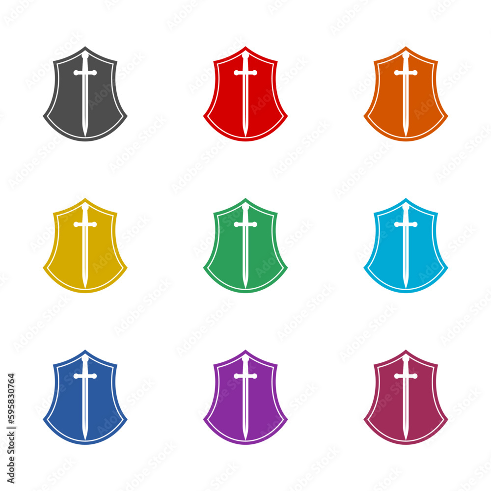 Shield and Sword logo icon isolated on white background. Set icons colorful Shield and Sword logo icon isolated on white background. Set icons colorful