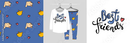 Seamless pattern and illustration set - hearts, cat and dog and Best friends text. Cute design pajamas on a hanger. Baby clipart for tee prints, cards, apparel, room decor, fabric design, wrapping