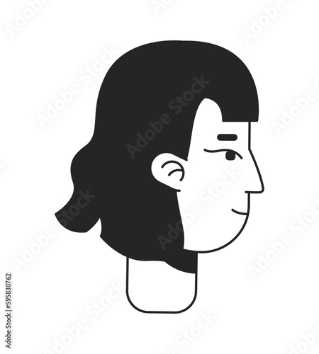 Smiling woman side view face flat line monochromatic vector character head. Simple outline avatar icon. Editable cartoon user portrait. Lineart spot illustration for web graphic design and animation