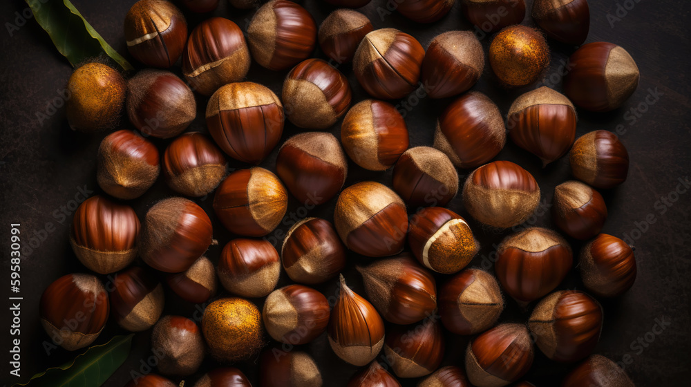 Top view on heap of chestnuts. Pile of ripe chestnuts for food background. Generative AI Top view on heap of chestnuts. Pile of ripe chestnuts for food background. Generative AI