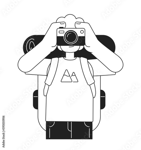 Male tourist taking pictures with instant camera monochromatic flat vector character. Editable thin line half body person on white. Simple bw cartoon spot image for web graphic design, animation
