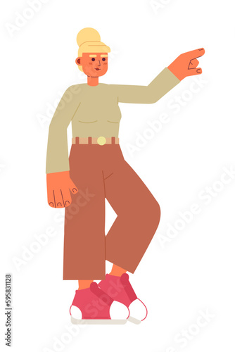 Woman in casual clothes and sneakers showing direction semi flat colorful vector character. Editable full body person on white. Simple cartoon spot illustration for web graphic design and animation