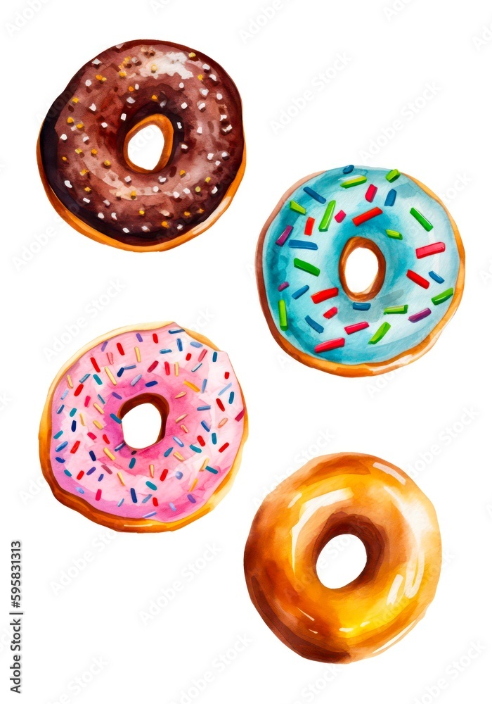 Watercolor set of different donuts isolated on white background. Generative AI. Watercolor set of different donuts isolated on white background. Generative AI.