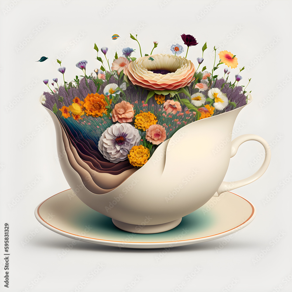 Generative AI **A giant tea cup overflowing with flowers, in the style of O’Keeffe