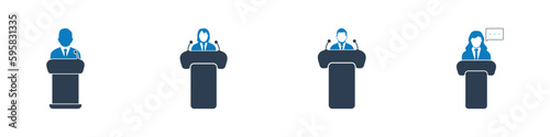 Public Speaking Icon Set. Collection of Leader, Speaker, Microphone, Podium, Presentation, Seminar, Conference, President, Politician and More Icons. Editable Flat Vector Illustration.