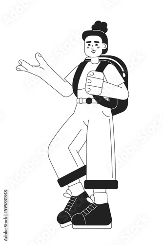 Female hiker travelling with backpack monochromatic flat vector character. Graduation trip. Editable thin line full body person on white. Simple bw cartoon spot image for web graphic design, animation