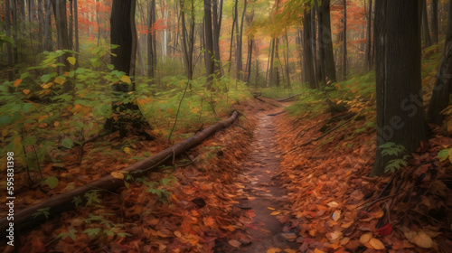 Autumnal Forest Trail Shot Showcases Vibrant Foliage and Serene Natural Surroundings