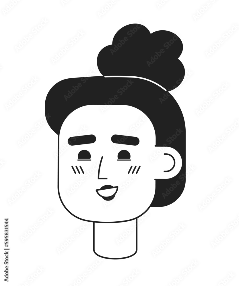 Happy woman with high messy curly bun monochromatic flat vector character head. Editable black white cartoon face emotion. Hand drawn lineart ink spot illustration for web graphic design, animation