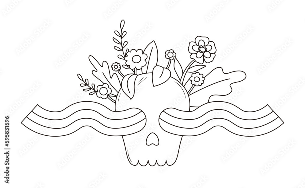 Contour groovy skull with flowers and rainbow waves in 70s and 60s style. Vintage hippie outline illustration. Psychedelic seventies coloring page. Vector graphic design.