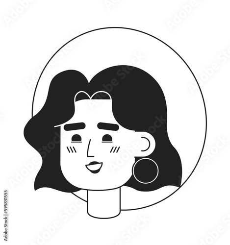 Elegant lady with earring, wide brim hat monochromatic flat vector character head. Editable black white cartoon face emotion. Hand drawn lineart ink spot illustration for web graphic design, animation
