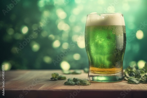 Retro-style watercolor of green beer and shamrock leaves on a green background for St. Patrick's Day. Generative AI