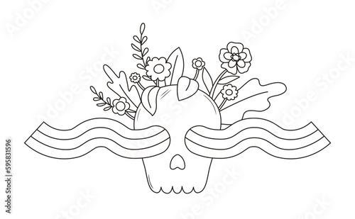 Contour groovy skull with flowers and rainbow waves in 70s and 60s style. Vintage hippie outline illustration. Psychedelic seventies coloring page. Vector graphic design.