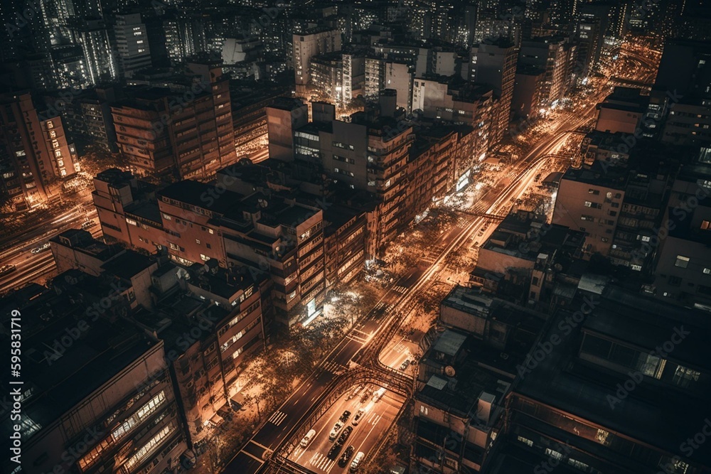 Urban landscape illuminated by streetlights and cityscape, bustling with life. Generative AI