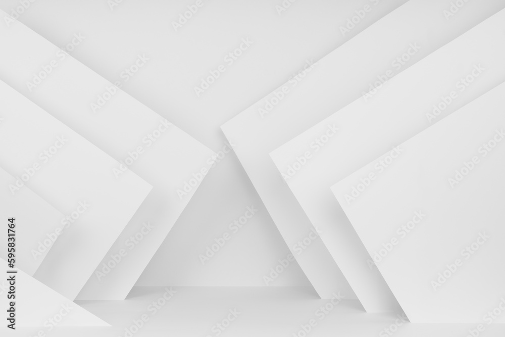 Geometric abstract white stage mockup with lines and angles in simple contemporary graphic style for presentations cosmetic products or goods, design.