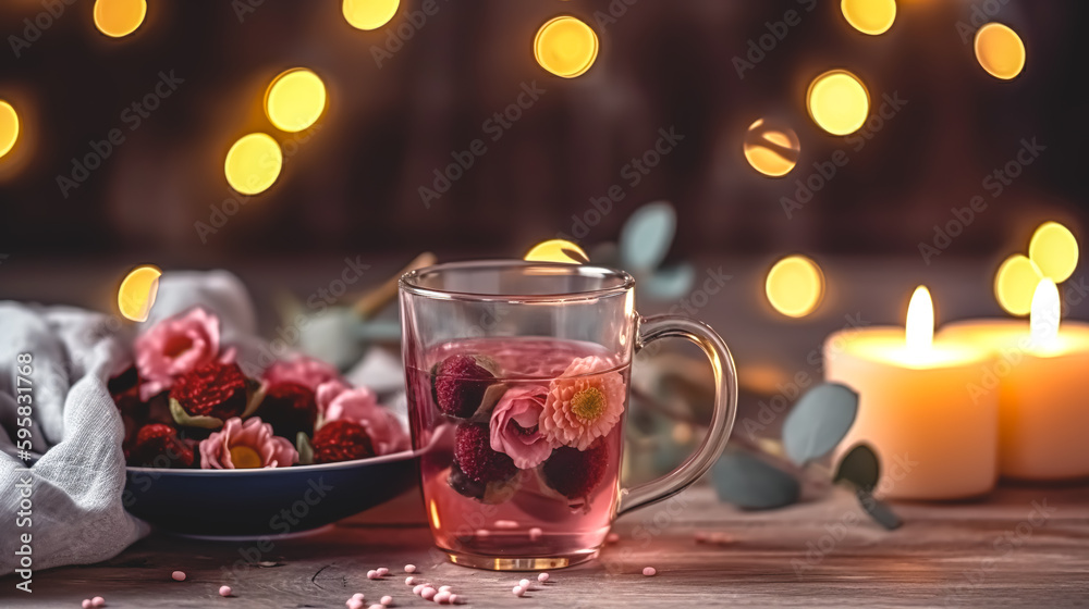 Composition with cup of tea and flowers on a blurred background, generative AI. Composition with cup of tea and flowers on a blurred background, generative AI.