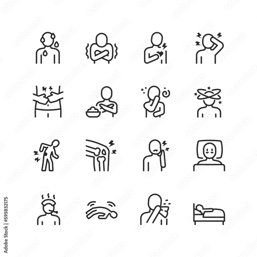 Disease, sickness, linear style icons set. Deteriorating health, illness. Person is sick. Viral illness, fever, chills, pain of organs, pain of parts of the body, disorders. Editable stroke width - obrazy, fototapety, plakaty 