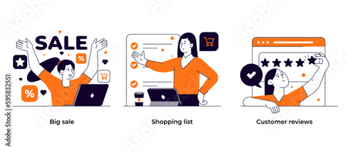 Online shopping and E-commerce concept set. Online payment, Discount, Big sale, Customer reviews, Shopping list. Vector illustration