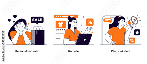 Online shopping and E-commerce concept set. Sale, Discount, Online payment, Marketing, Loyalty program. Vector illustration
