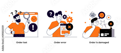 Online shopping and E-commerce concept set. Order proccess, Delivery, Order error, Order is damaged, Order lost Vector illustration photo