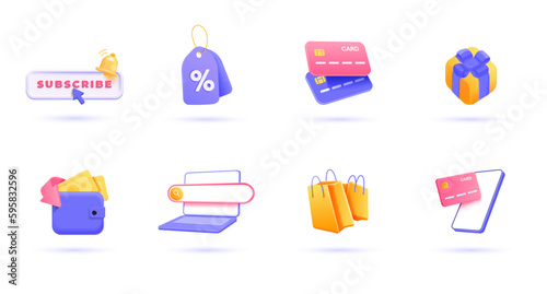 3d Shopping icon set. Trendy illustrations of Online Shopping, Online Payment, Digital Wallet, Newsletter, Discount, etc. Render 3d vector objects