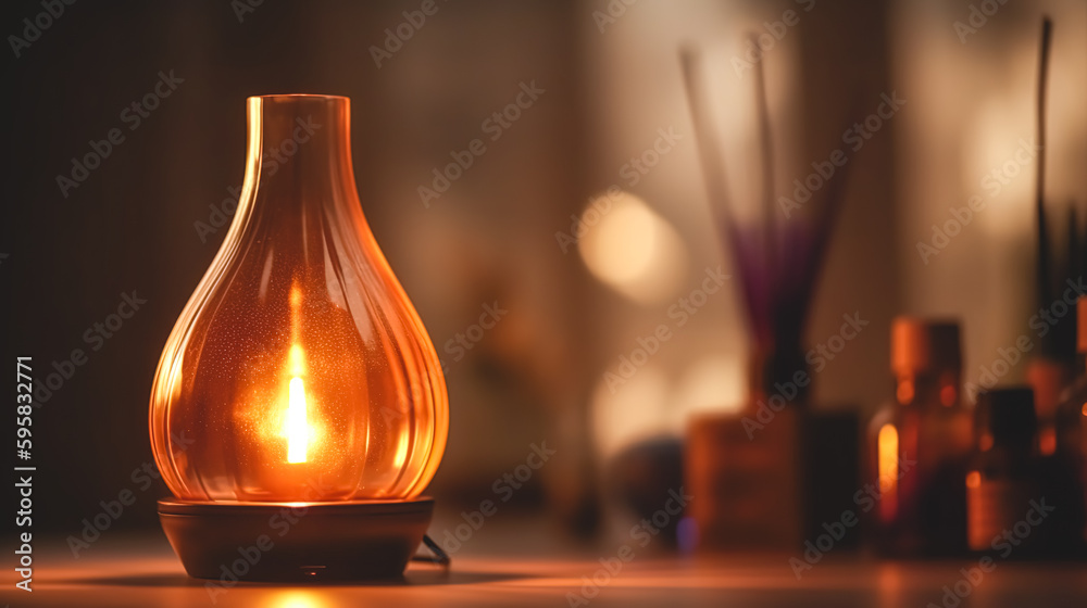 Aroma oil diffuser lamp on a blurred background, generative AI.