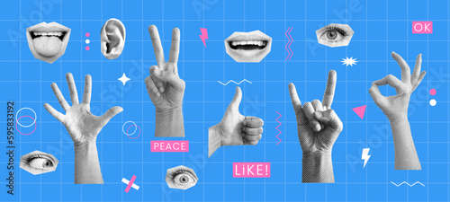 Set of hands, lips, eyes and ears. Isolated blue background. A collage element for a message using the hand, eyes and mouth with the tongue. Vintage vector set with dotted pop art