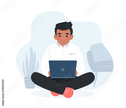 Colored man working with computer, home office, student or freelancer. Concept vector illustration in flat style