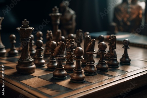 An arrangement of chess pieces on a board. Generative AI