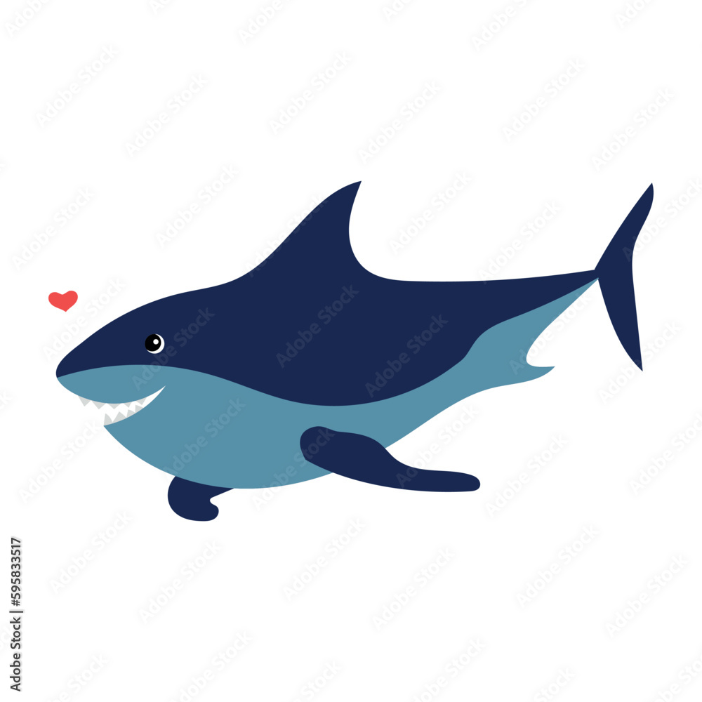 Obraz premium Cute cartoon shark isolated on white background. Hand drawn vector illustration