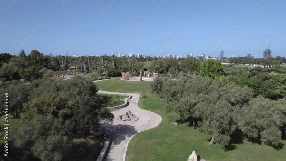 Revealing the stone garden like Stonehenge in Tel Aviv Israel - drone push in shot Revealing the stone garden like Stonehenge in Tel Aviv Israel - drone push in shot