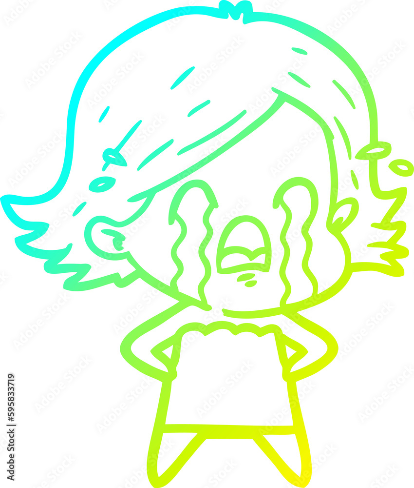 cold gradient line drawing of a cartoon woman crying