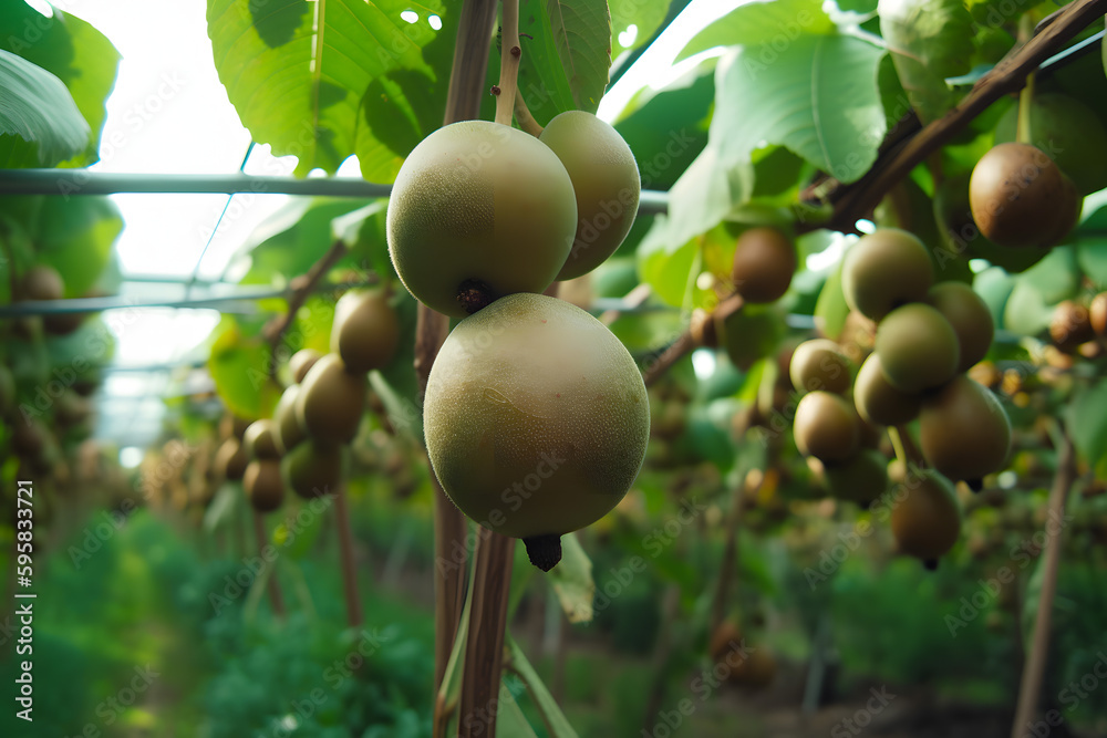 Kiwi picking season. Kiwi on a kiwi tree plantation greenhouse with