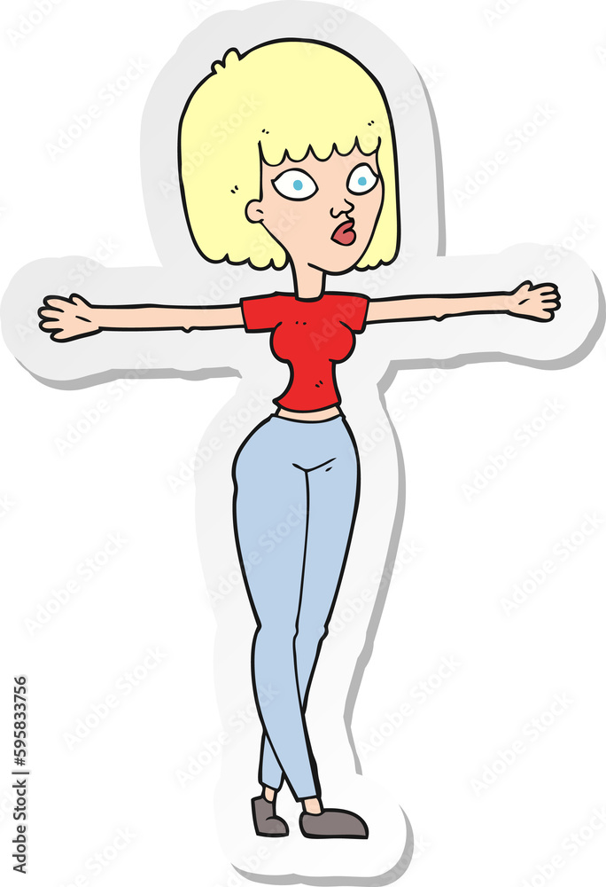 sticker of a cartoon woman spreading arms sticker of a cartoon woman spreading arms