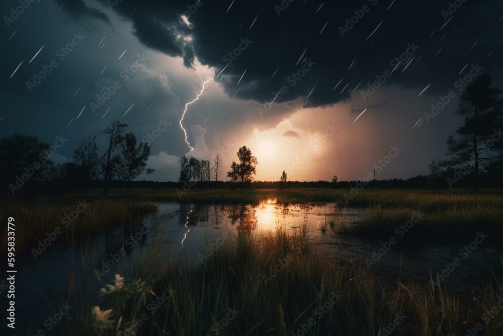 A summer storm with fork lightning strikes and a moon in the sky. Generative AI