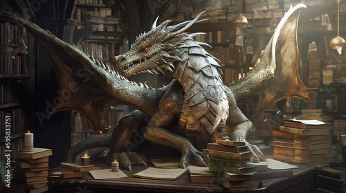 silver dragon inside a library, ai generated